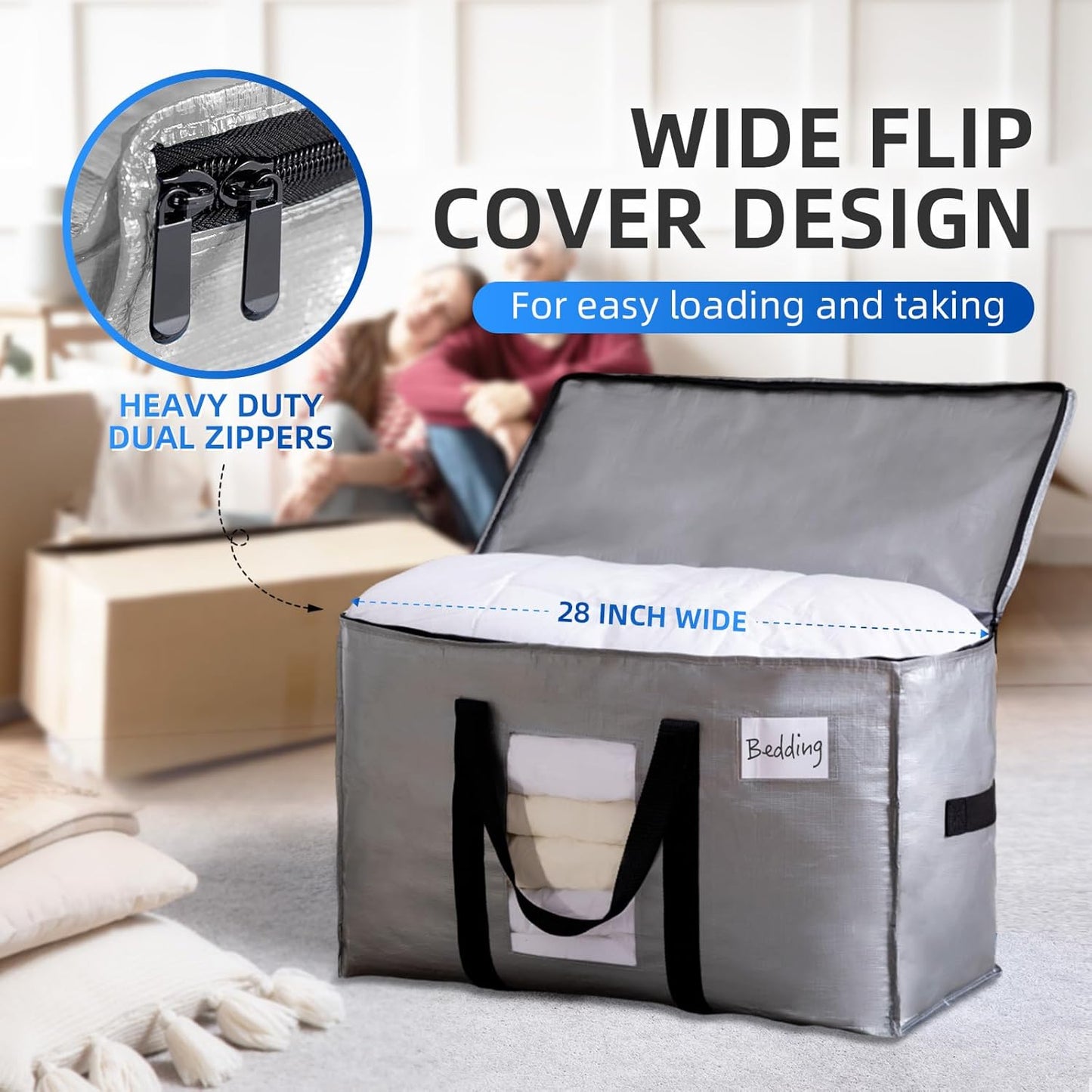 TAILI Extra Large Moving Bags, 4 Pack Silver Heavy Duty Totes For Storage with Visible Window, Wrap Around Handles, Space Saving Storage Bags for Moving Supplies, Alternative to Moving Boxes