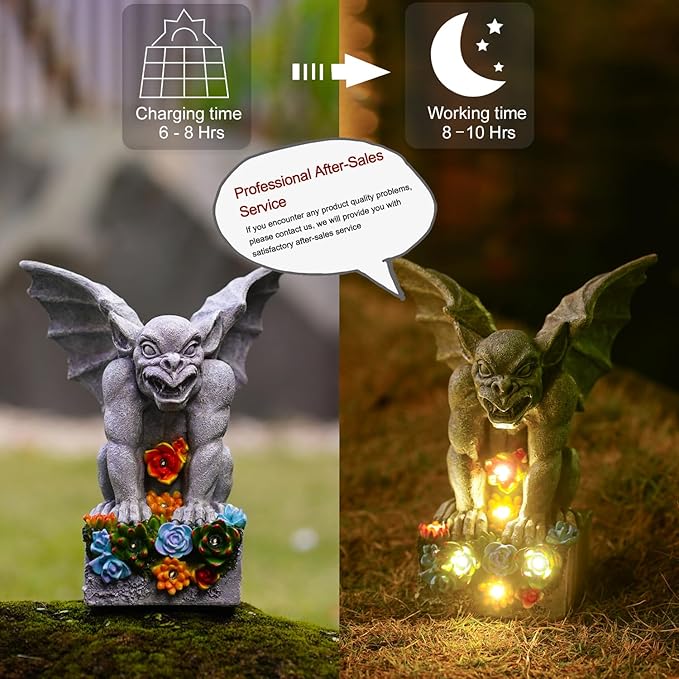 Solar Gothic Gargoyle Garden Statues: Outdoor Sculptures with Succulent Lights Decor for Patio Lawn Yard Art - Gifts for Mom Grandma
