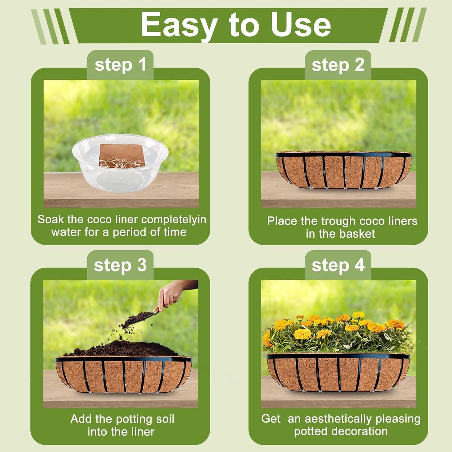 2 Pack 36 Inch Trough Coco Liner for Planters, Pre-Formed Coconut Coir Replacement Liner, Natural Coconut Fiber for Window Flower Box, Fence Flower Baskets, Garden Flower Pot