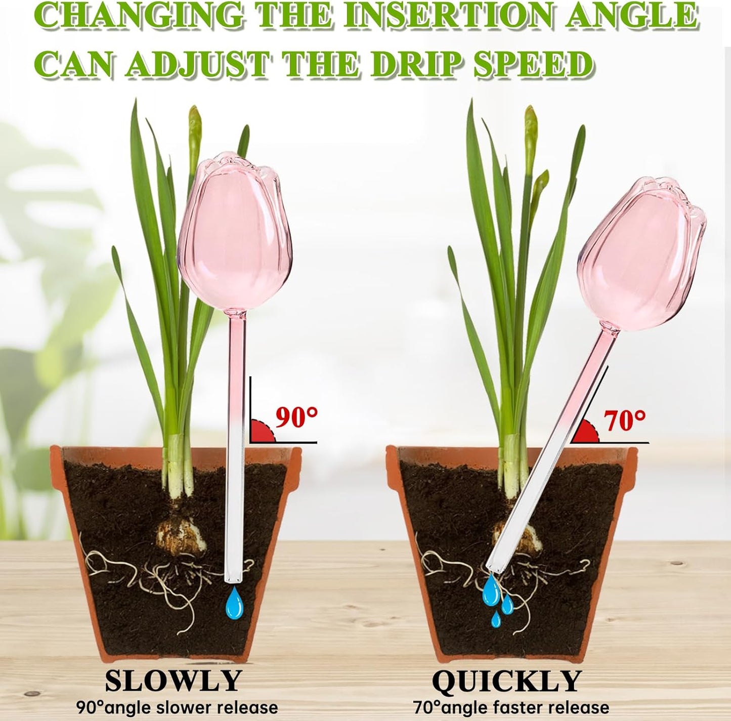 2Pcs Tulips Self Plant Watering Globes, Glass Self Watering Planter Insert, Automatic Plant Waterer Devices Indoor Outdoor (Pink)