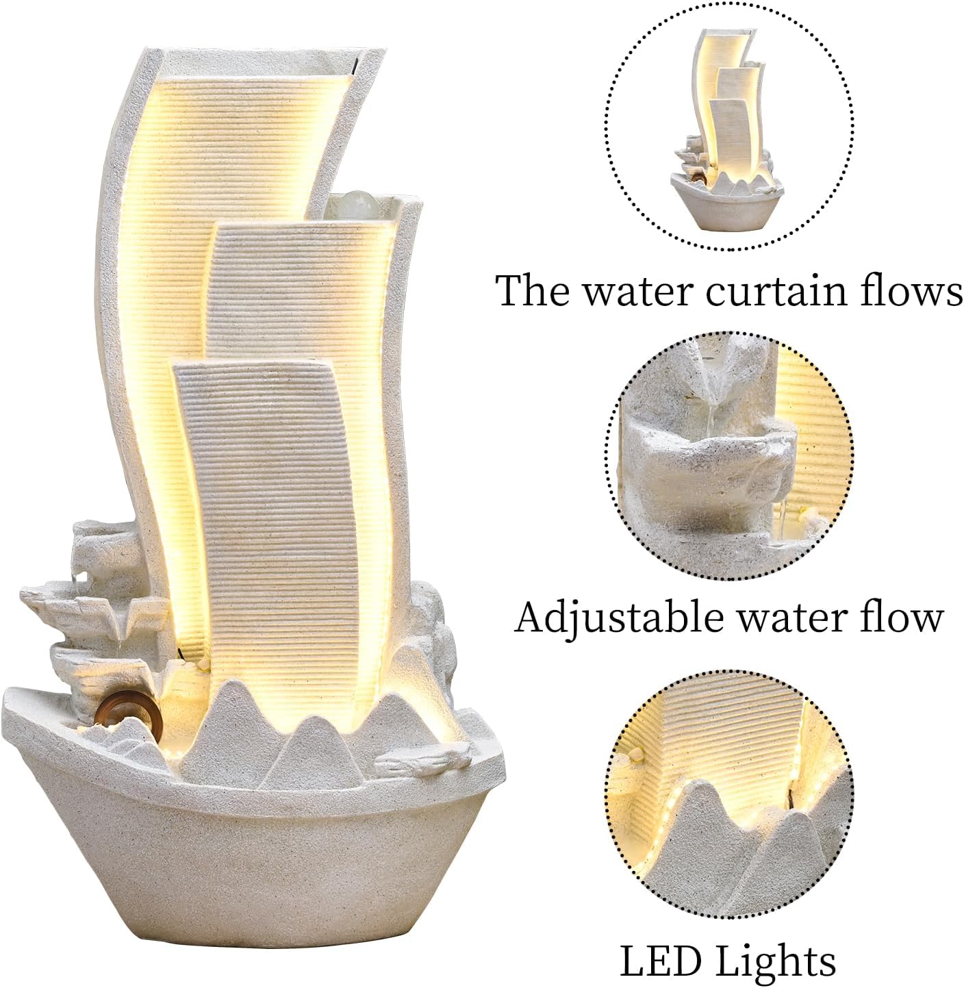 50.39 Inches Outdoor Water Fountain Garden Waterfall Indoor Modern Water Feature Freestanding Fountains with LED Lights and Pump for Patio Yard Pool Home Decor