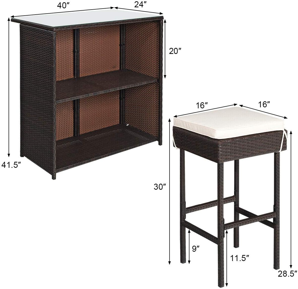 Tangkula Patio Bar Set, 3 Piece Outdoor Rattan Wicker Bar Set with 2 Cushions Stools & Glass Top Table, Outdoor Furniture Set for Patios Backyards Porches Gardens Poolside (Beige)