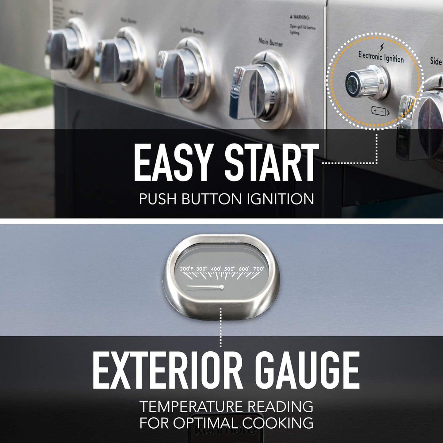 Kenmore 4-Burner Gas Grill with Side Burner, Outdoor BBQ Grill, Propane Gas Grill, Cast Iron Cooking Grates, Electronic Ignition, Warming Rack, Open Cart Design, 53000 BTUs, Stainless Steel and Black