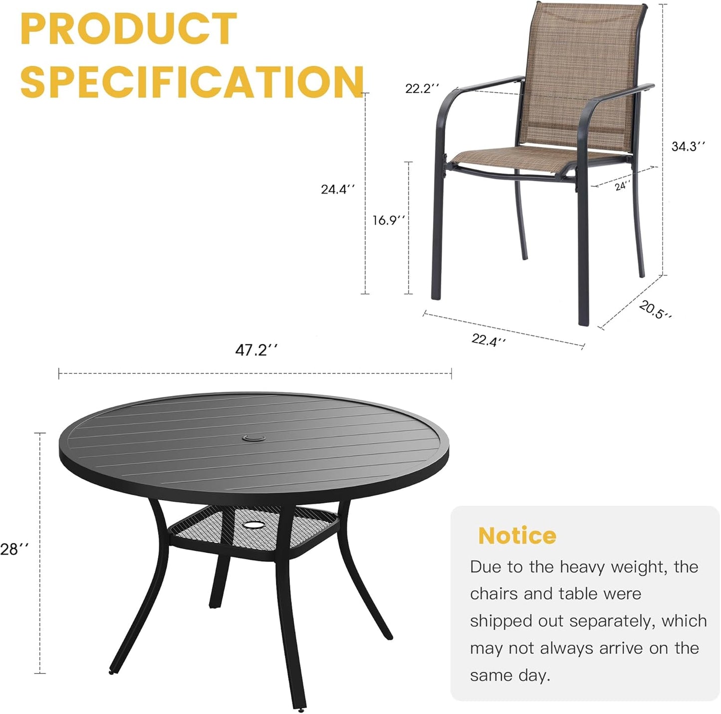 VICLLAX Patio Dining Set for 6, Outdoor Furniture Set Includes 47.2" Round Patio Table and 6 Patio Sling Chairs, Black Tabletop and Brown Fabric