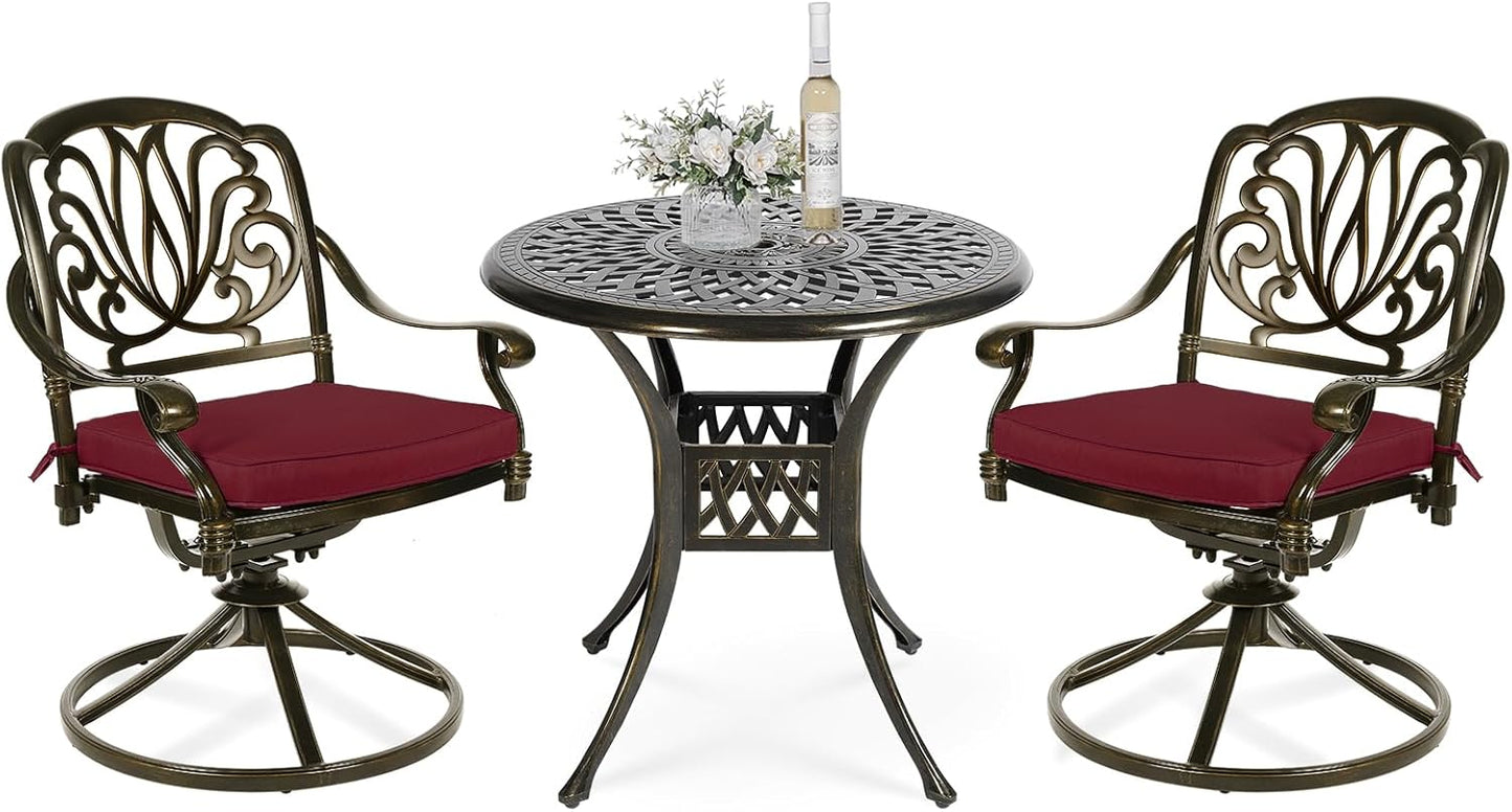 VIVIJASON 3-Piece Patio Furniture Dining Set, Outdoor All-Weather Cast Aluminum Bistro Set, Include 2 Swivel Chairs and 31" Round Table w/Umbrella Hole for Balcony, Lawn, Garden (Red Cushion)