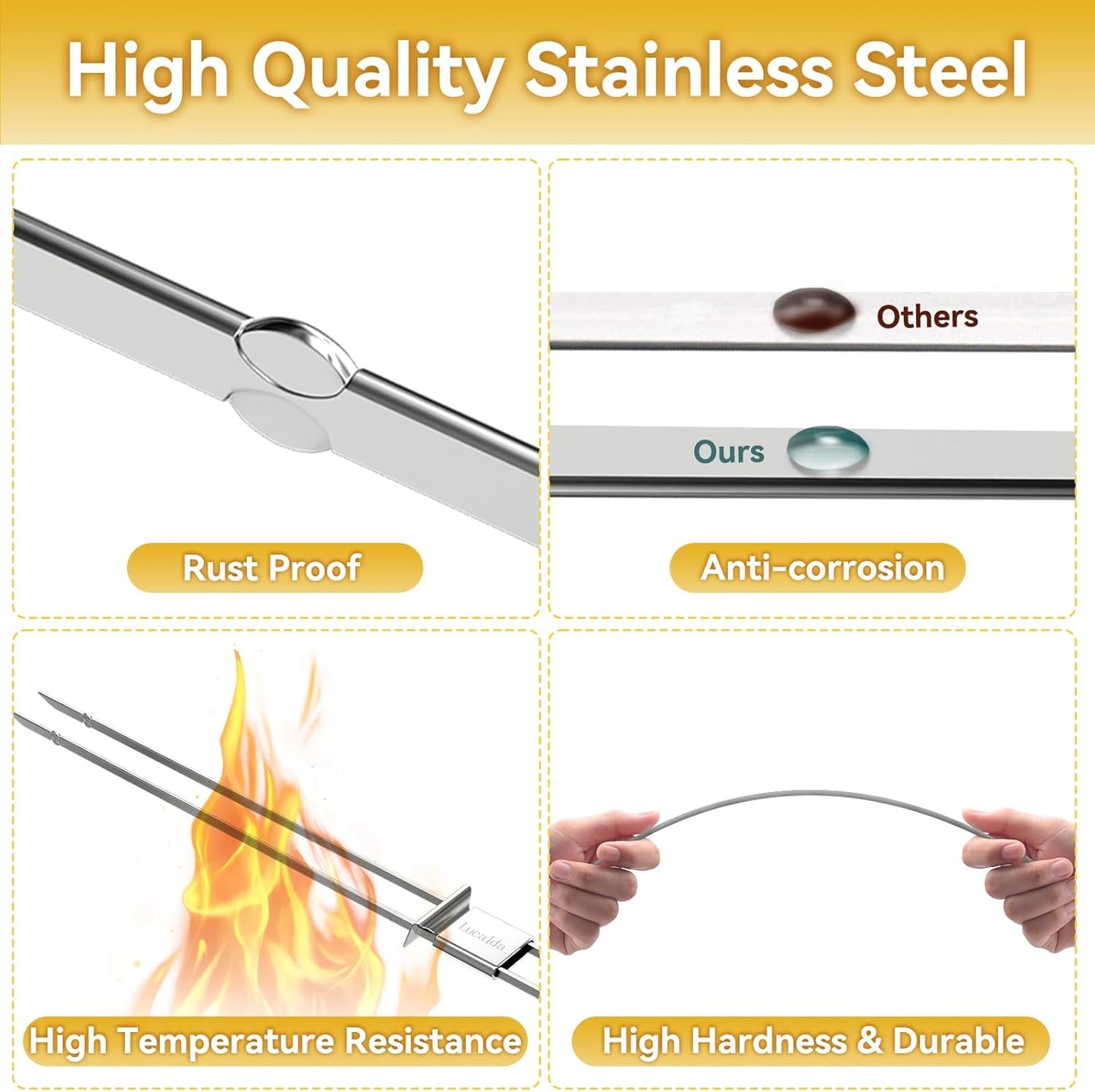 Skewers for Grilling, 17" (10 Pcs) Wooden Handle Double Pronged Stainless Steel Flat Kabob Skewers with Push Bar, Reusable Long Metal Skewer Sticks for Meat Chicken Vegetable, BBQ Accessories