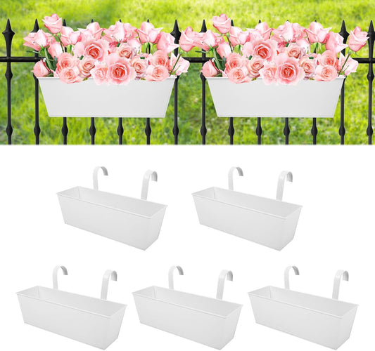 Railing Planters Outdoor Balcony 16 Inch Deck Over The Railing Planter Boxes Hanging Planters for Fence Flower 5 Pcs (White)