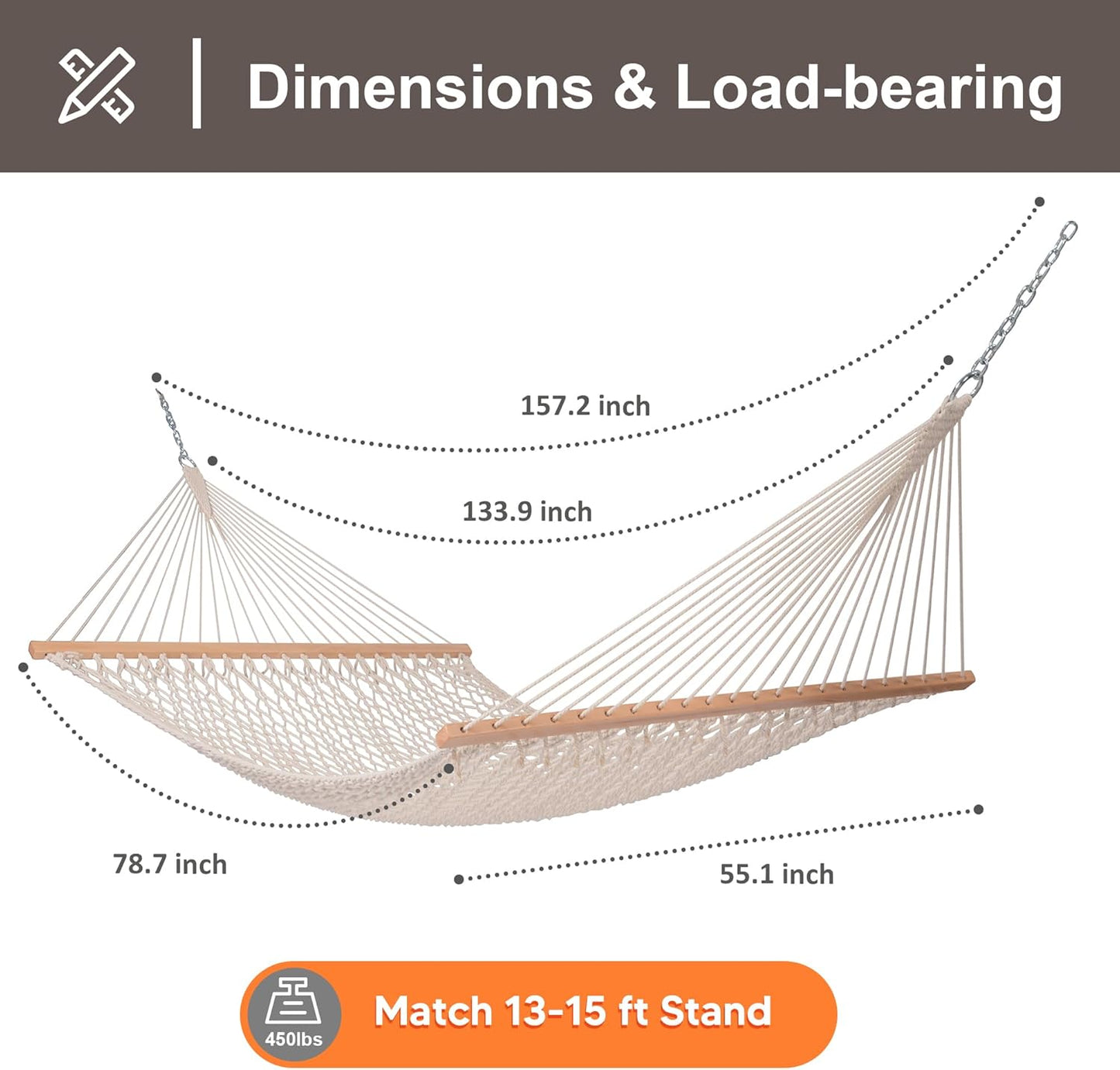 SUNCREAT Hammocks Traditional Rope Double Hammock with Hardwood Spreader Bar and Carrying Bag, 450 lbs Capacity, Natural
