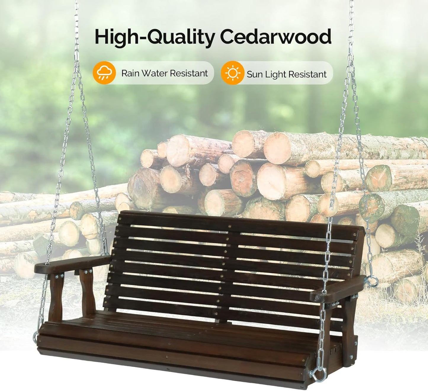 VINGLI Upgraded Patio Wooden Porch Swing for Courtyard & Garden, Heavy Duty 880 LBS Swing Chair Bench with Hanging Chains for Outdoors (Rustic, 4 FT)