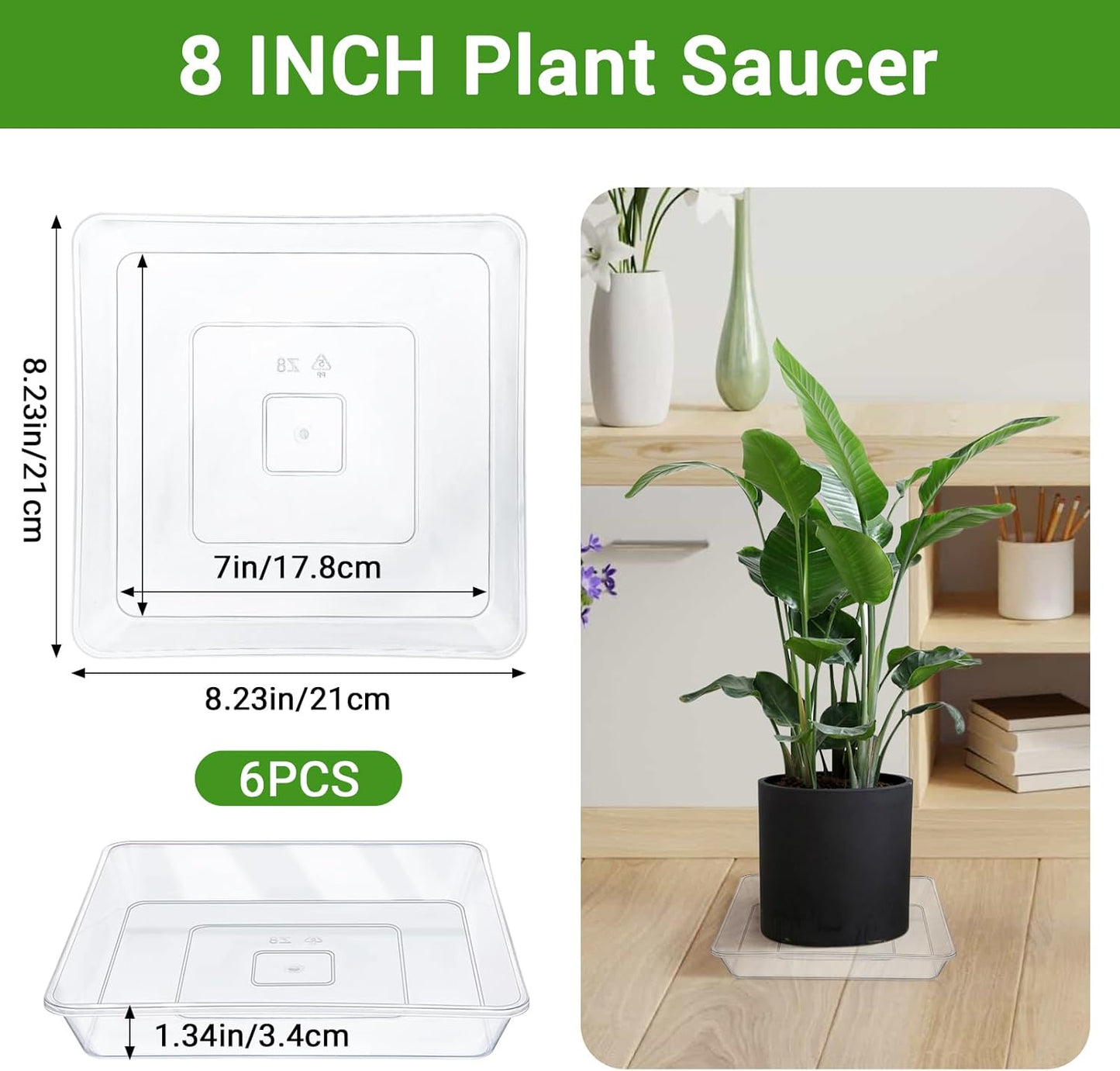 GREANER Square Plant Saucer, 8 Inch Plant Trays for Indoors No Holes, Clear Water Trays for Pots, Durable Flower Pot Saucers for Indoors and Outdoors(6 Packs)