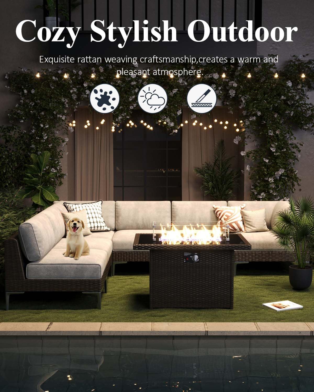 LayinSun 8-Piece Outdoor Modular Wicker Sectional Sofa with Fire Pit Table, Patio Furniture Conversation Set with Deep Seating and Thick Cushions