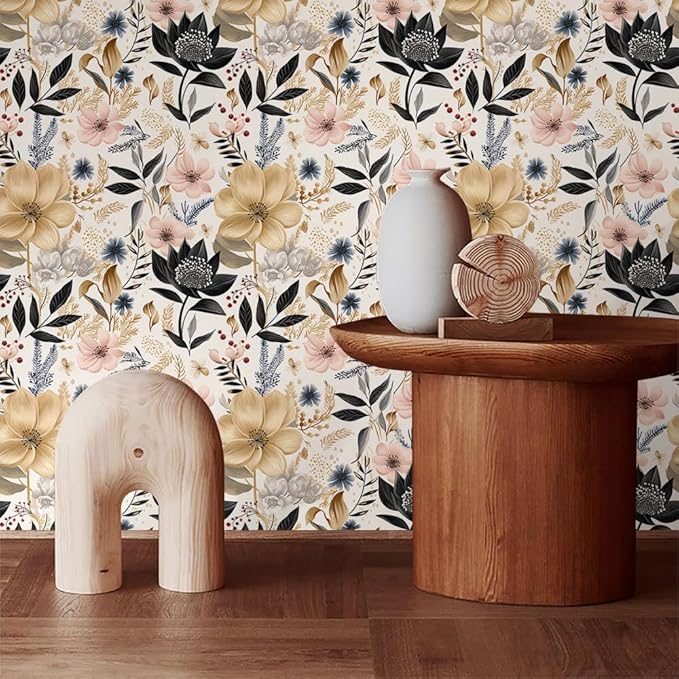White/Pink/Gold Floral Garden Black Blue Flowers Vintage Peel and Stick Wallpaper Self Adhesive Removable Easy Peel Off Contact Paper Stick on Wall Paper for Bedroom Cabinet Renter Friendly