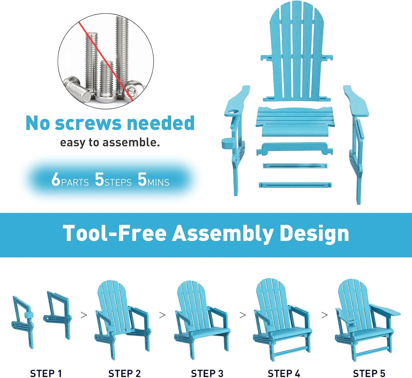 Adirondack Chair, Tool-Free Assembly All-Weather Adirondack Chairs, HDPE Fire Pit Chairs with Cup Holder, Outdoor Chair for Patio Garden（Lake Blue）