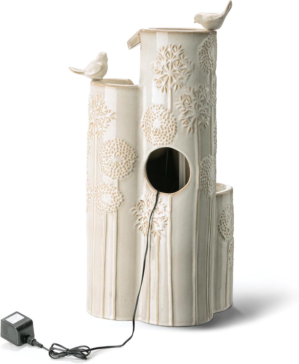 Glitzhome 31.75" H Outdoor Water Fountain with LED Lights and Pump, 4 Tier Dandelion Texture Vase Shaped Ceramic Floor Standing Fountain with Birds for Porch Deck Garden Patio Backyard, Sand Beige