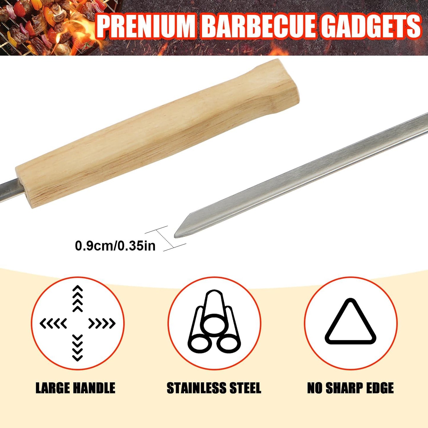 SHIKORI Kabob Skewers,BBQ Barbecue Skewers,Stainless Steel Sticks,23 Inch Heavy Duty Large Wide Reusable,with Nonslip Wooden-6 Pcs