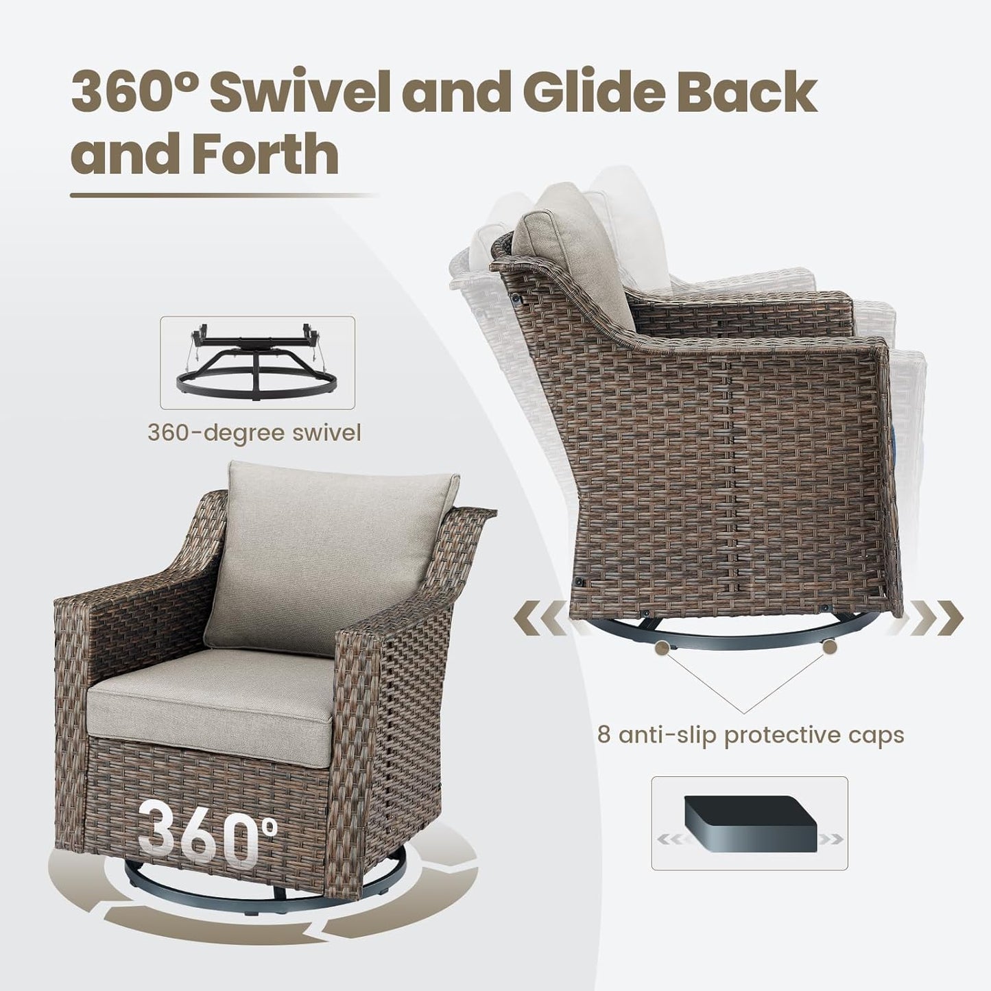 Outdoor Patio Wicker Swivel Chairs - Set of 4 Outside Rattan Rocker Glider Chair Rocking Armchairs for Front Porch Balcony Backyard Yard Deck Poolside Apartment – Brown/Beige