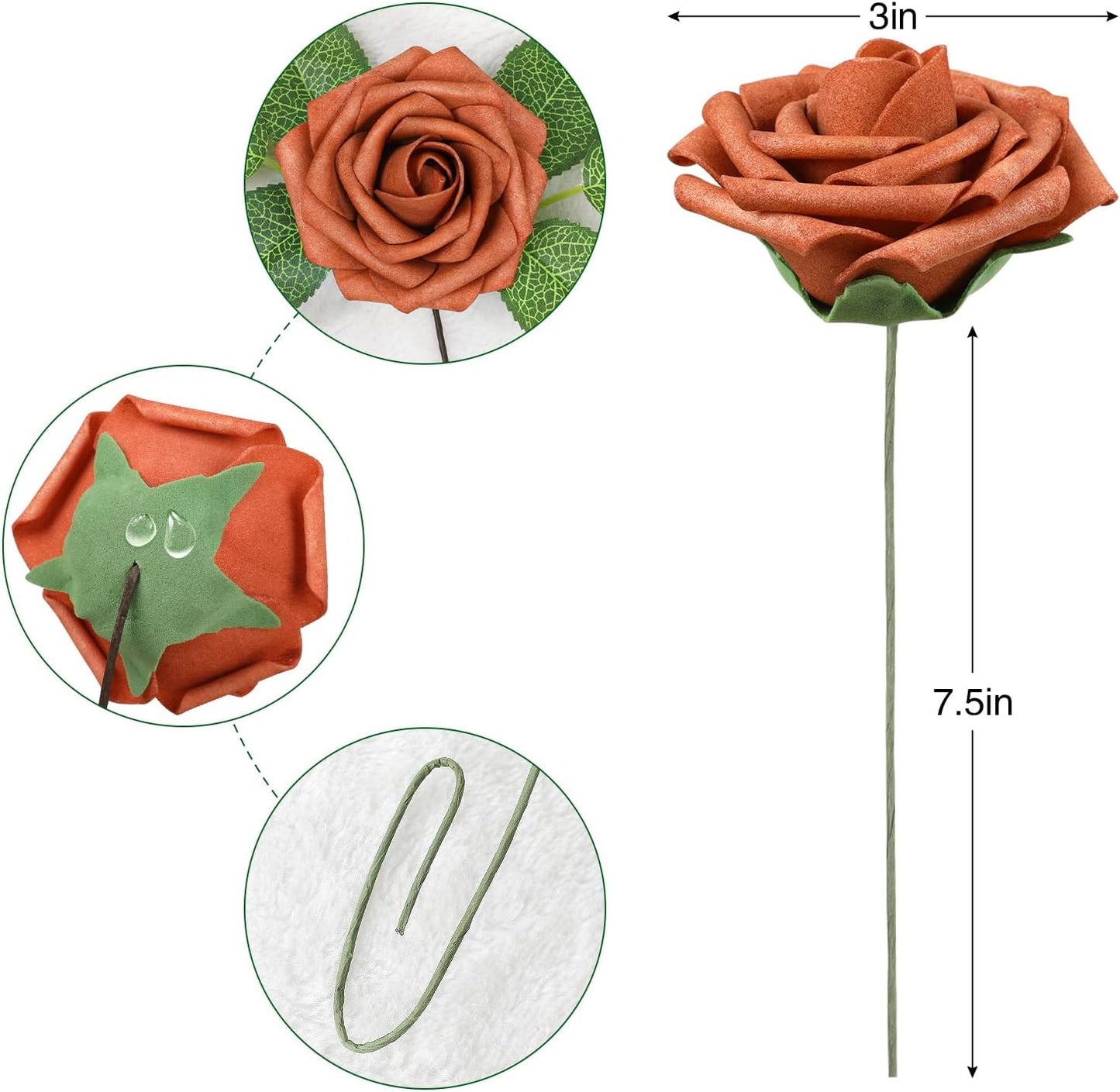 AmyHomie Artificial Flowers Burnt Orange Rose 25pcs Real Looking Fake Roses w/Stem for DIY Wedding Bouquets Centerpieces Arrangements Party Baby Shower Home Decorations