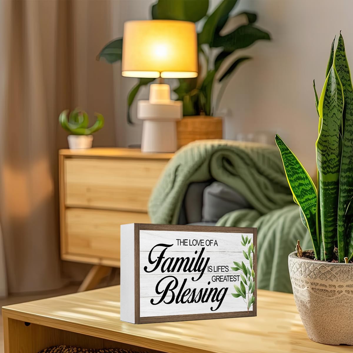 The Love of a Family is Life's Greatest Blessing Wooden Box Sign Decor,Rustic Family Wooden Block Plaque Sign for Home Farmhouse Living Room Bedroom Shelf Desk Table Wall Decor