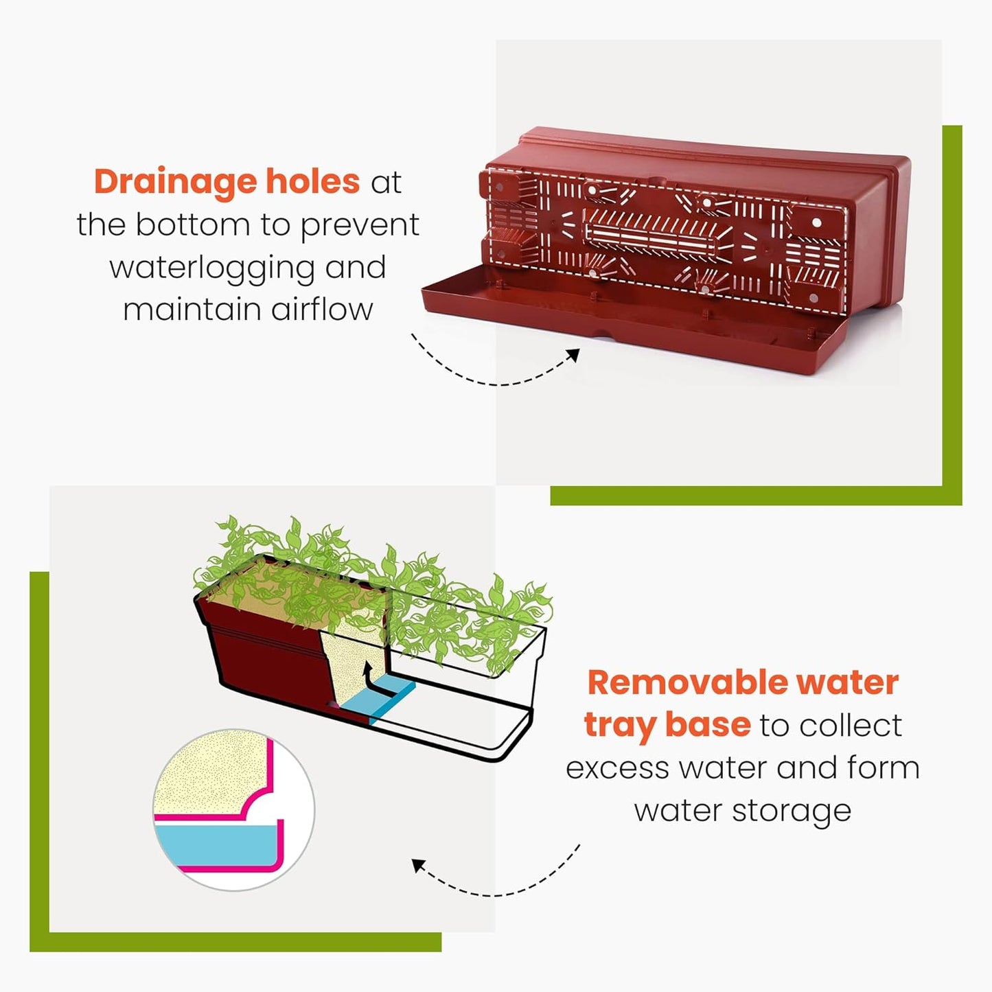 Mintra Window Box Planter, Window Planter Box for Indoor Outdoor Use, Rectangular Pots with Saucers & Drainage Holes, Decorative Plant Pots for Window Sill, Shelf, Desktop, 19" Wx6.75 H, Orange