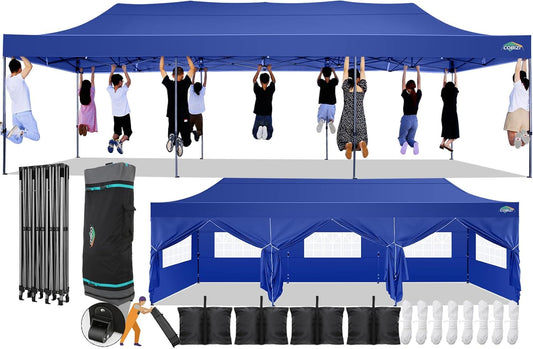 COBIZI 10x30 Pop Up Canopy with 8 Sidewall,Heavy Duty Canopy UPF 50+ All Season Wind Waterproof Commercial Outdoor Wedding Party Tents for Parties Canopy Gazebo with Roller Bag(10 x 30 ft Dark Blue)