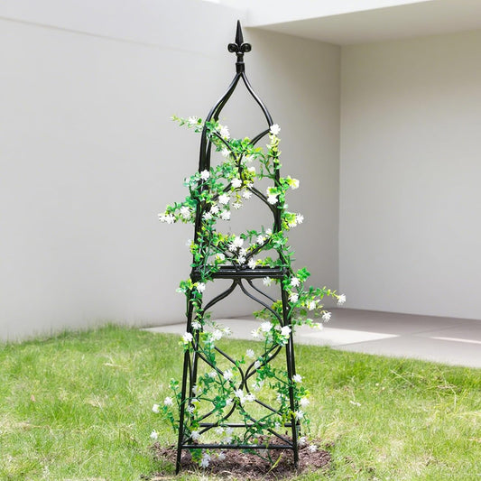 Obelisk Trellis for Garden - 38.3" x 10.03" Durable Metal Climbing Support for Roses, Vines & Flowers | Elegant Black Design with Decorative Top & Hollow Sides