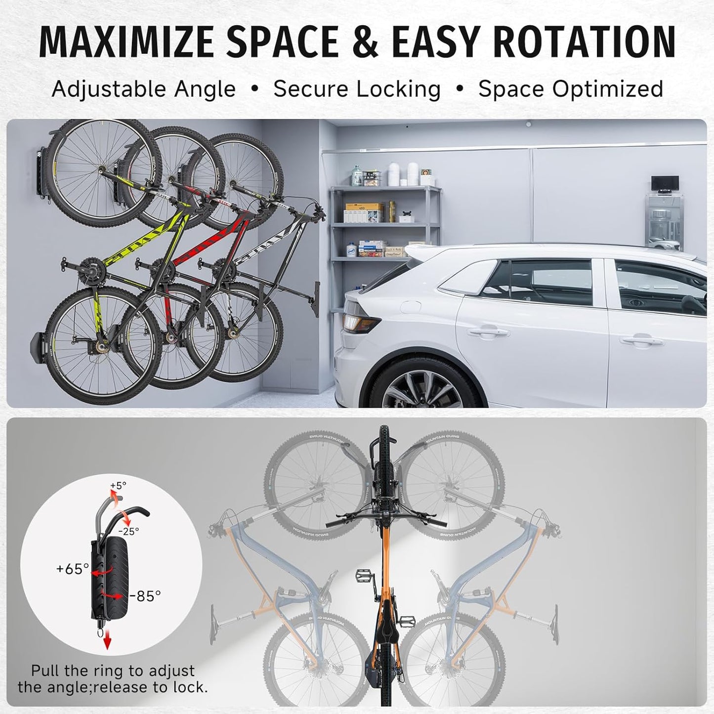 Bike Rack Garage,Bike Wall Mount, 150° Swivel & Space-Saving Vertical Bike Hangers for Storage, Sturdy Bike Stand Holds Up to 66lbs, Easy to Install, 1 Pack