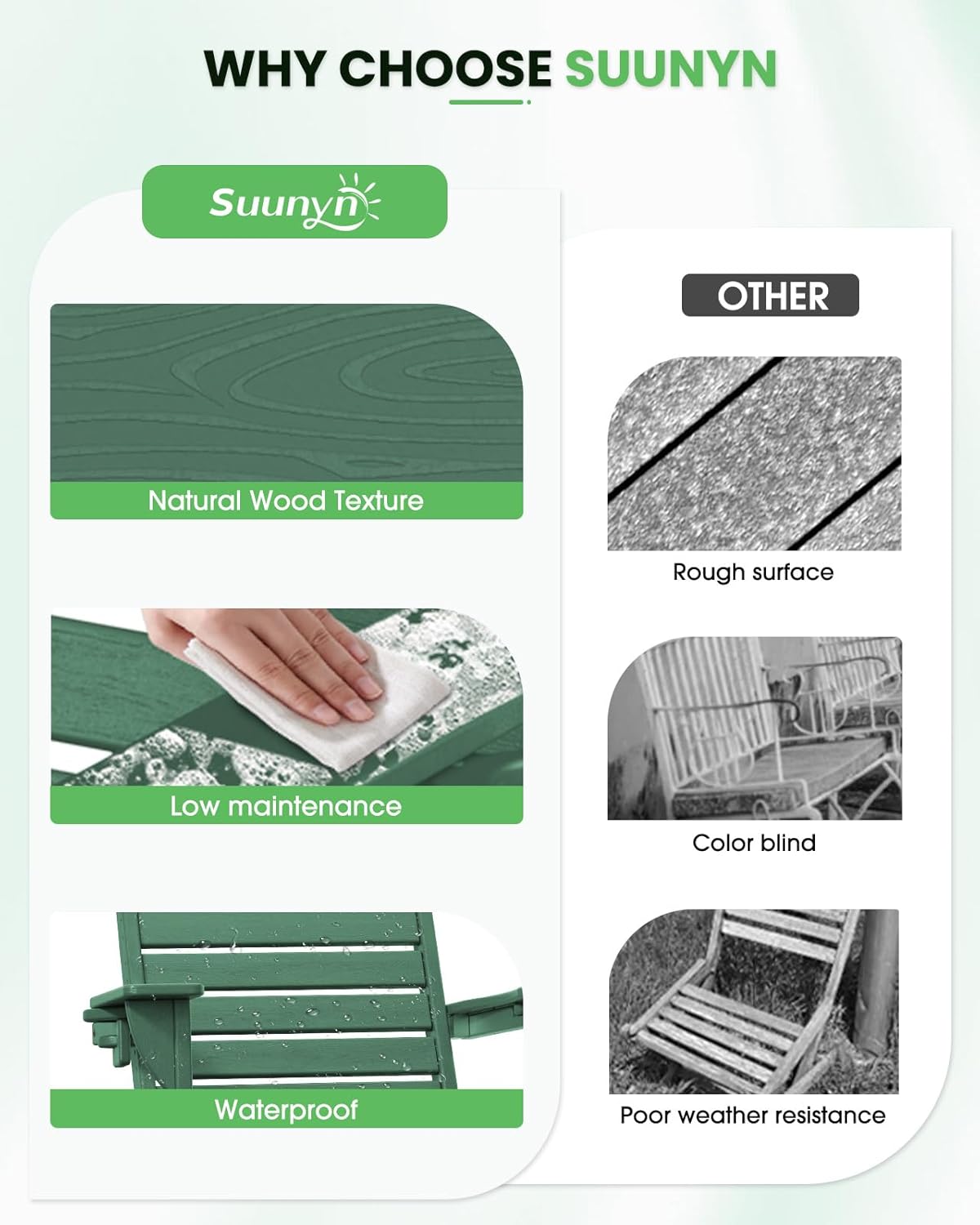 Folding Adirondack Chair HDPE All-Weather Adirondack Chairs with Cup Holder, Outdoor Fire Pit Chairs Lawn Chair for Deck Patio Garden (Green)