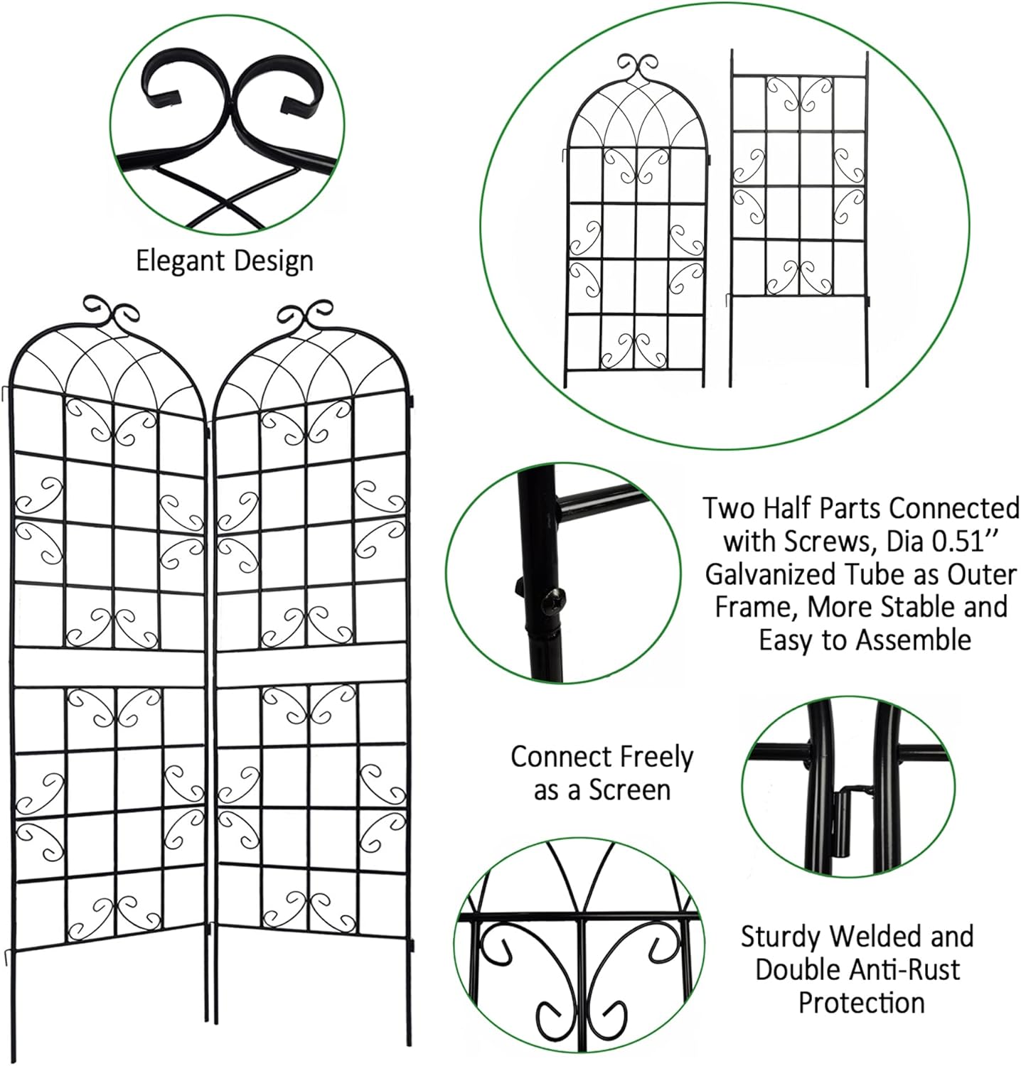 6 Pack Metal Garden Trellis 86.7" H Garden Fence Rustproof Trellis for Climbing Plants Support Roses Flower Outdoor Lawn, Black 7.2FT Tall