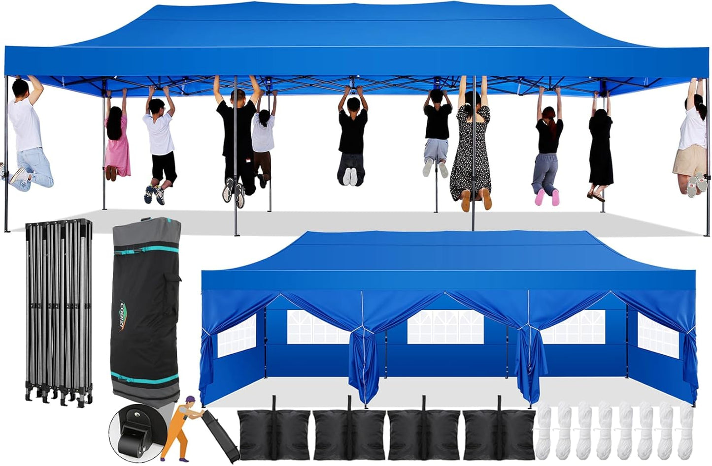 COBIZI 10x30 Pop Up Canopy with 8 Sidewall,Heavy Duty Canopy UPF 50+ All Season Wind Waterproof Commercial Outdoor Wedding Party Tents for Parties Canopy Gazebo with Roller Bag(10 x 30 ft Blue)