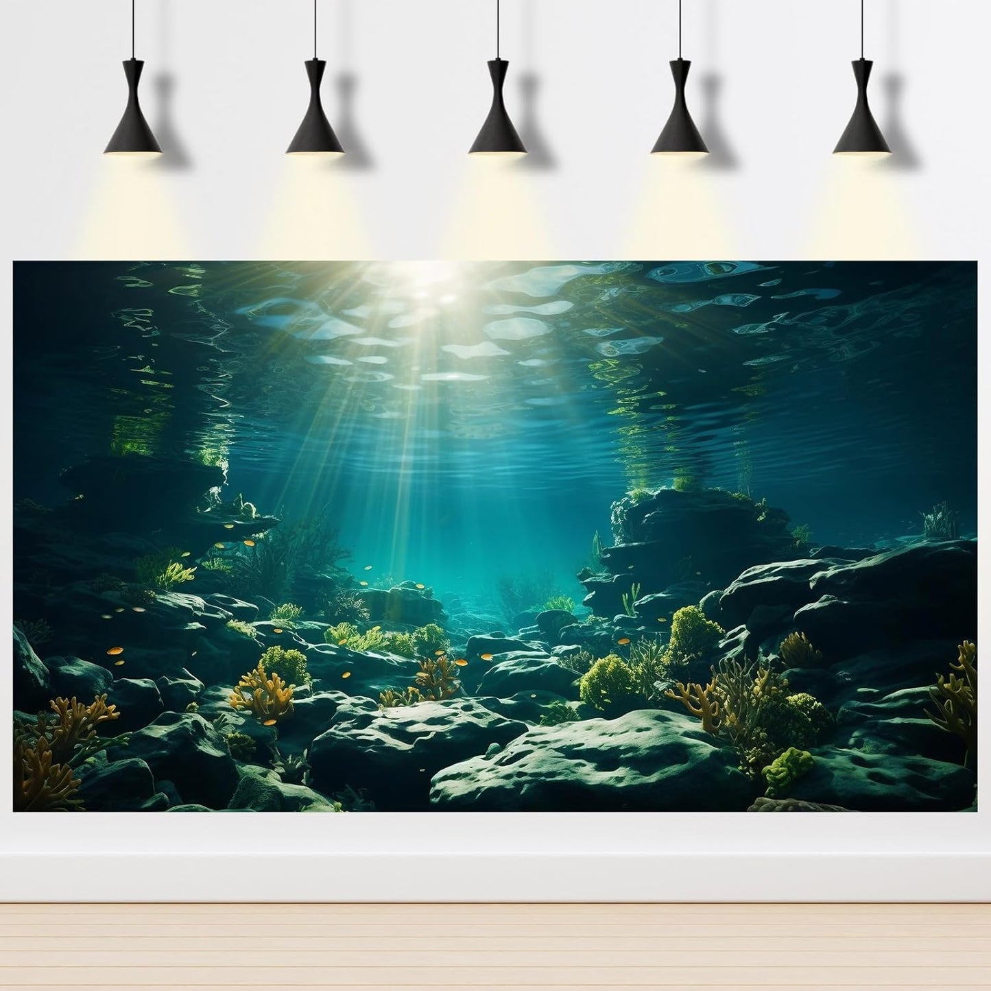 Aquarium Background Underwater Aquatic Plants Rocks Fish Terrarium Backdrop Sunlight Rays Coral Fish Tank Background Cave Style Landscape Sea Grass Tank Wallpaper Poster Vinyl 48x24in