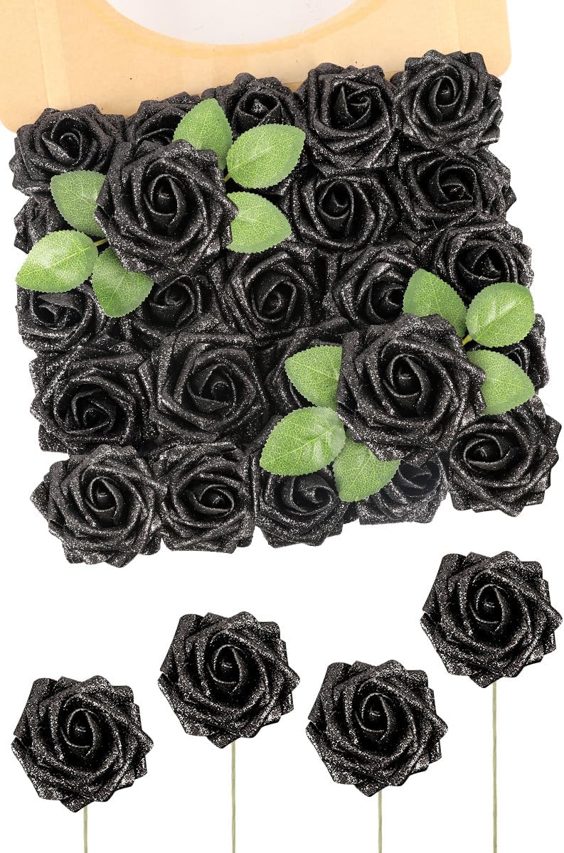 N&T NIETING Artificial Flowers Black Glitter Flowers Foam 25pcs Glitter Roses Real Looking Fake Roses with Stem for DIY Wedding Bouquets Centerpieces Bridal Shower Party Home Decorations