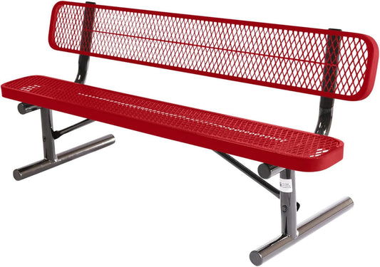 Heavy-Duty Portable Outdoor Bench Thermoplastic Coated, Expanded Metal, Commercial-Grade Seating, Made in America (Portable with Back, 6 Ft, Textured Red)