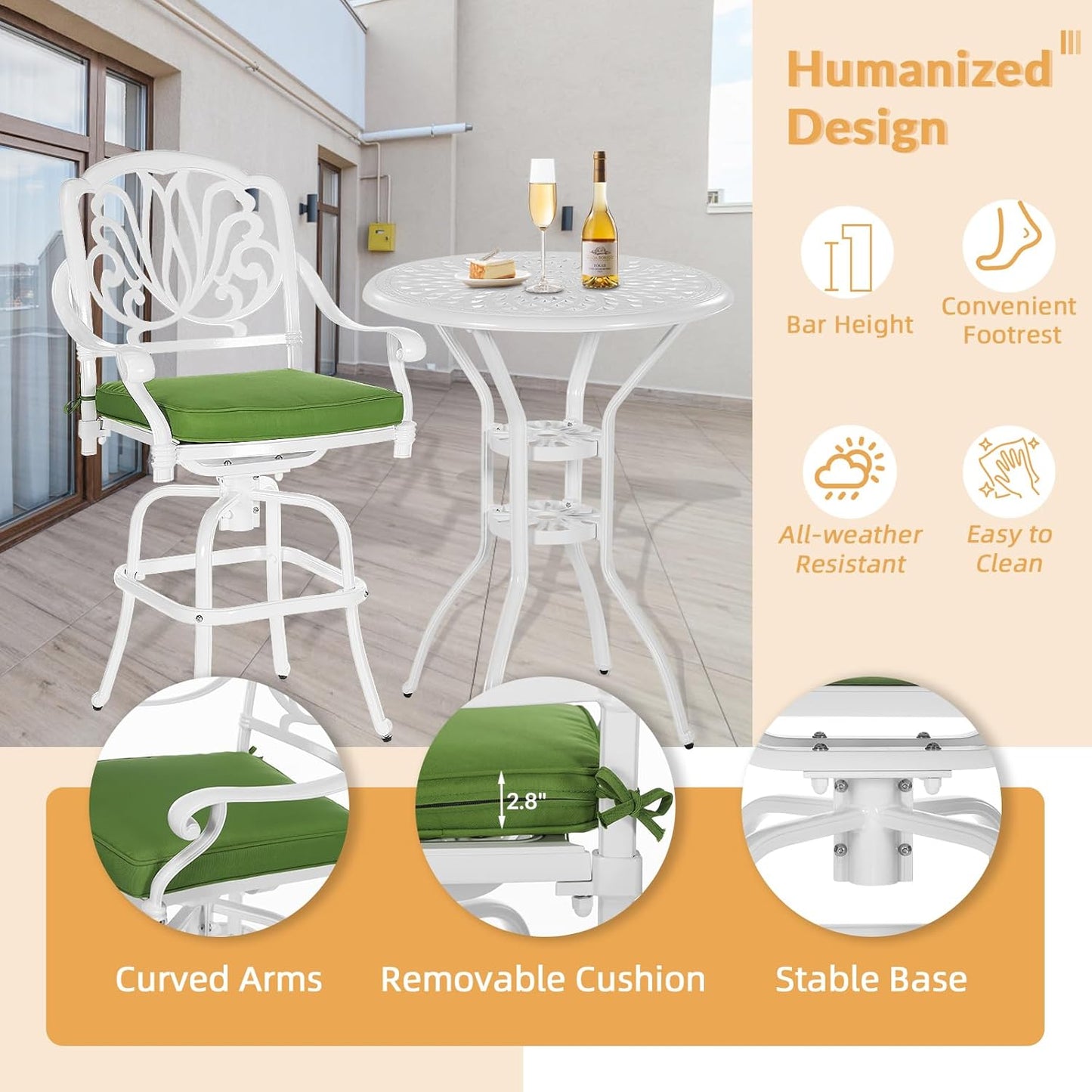 3 Pieces Patio Swivel Bar Set, Patio High Top Bar Table and Chairs Set, All-Weather Cast Aluminum High Swivel Bar Stools Chair Set of 2 and 31" Table, Patio Bistro Set for Garden,White