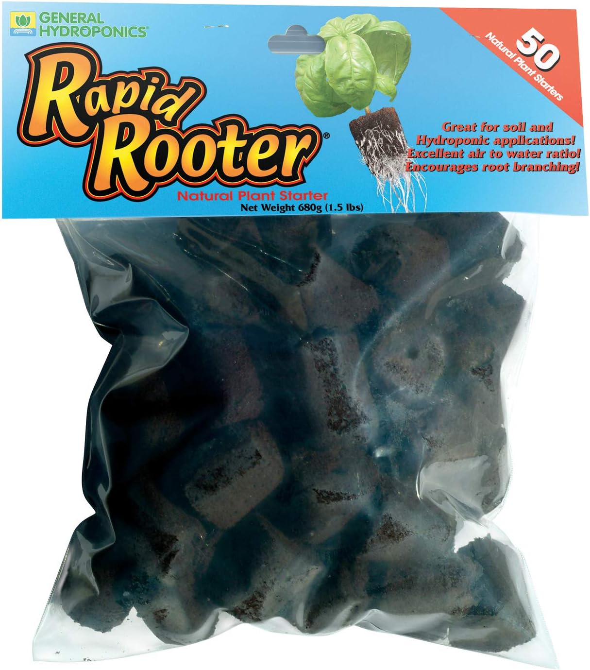 General Hydroponics Rapid Rooter, Starter Plug for Seeds or Cuttings, Great for Soil or Hydroponics Growing System, 50 Plugs