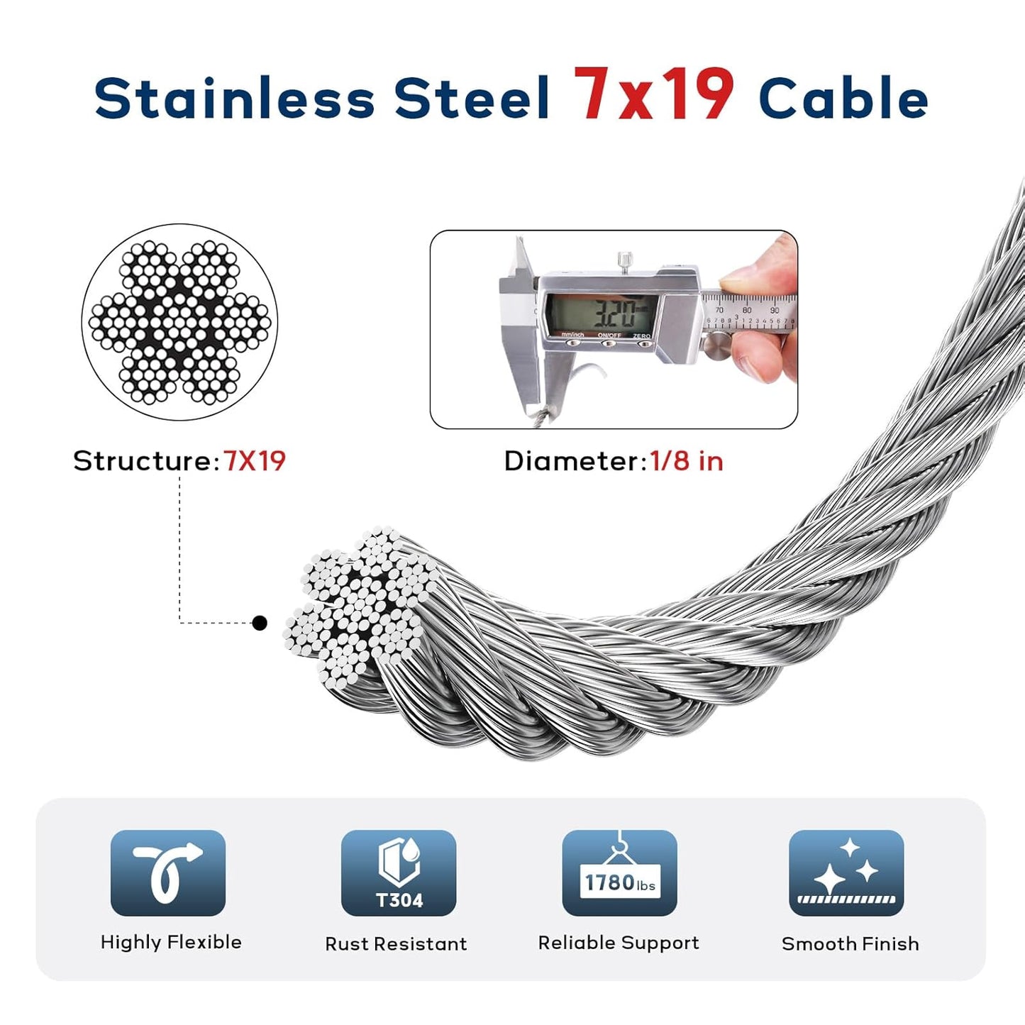 1/8 Inch Stainless Steel Cable 200FT, 7x19 Strand Wire Rope Kit with Thimbles, Clips & Aluminium Sleeves for Plants Climbing, Deck Fence Railing, String Light Haning and DIY Projects