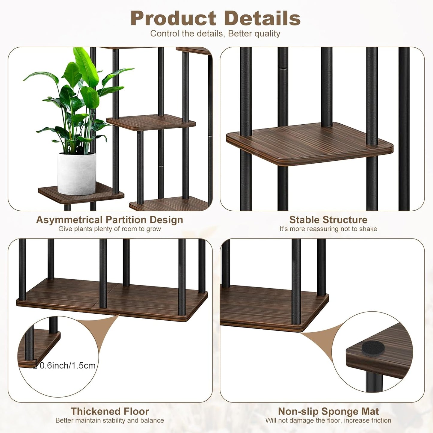 7 Tier Wood Tall Plant Stand Metal Rack Indoor, Multiple Flower Pot Holder Shelves Corner Rack, Planter Shelf Display Rack Storage Organizer for Patio Living Room Balcony Garden(Black Oak)