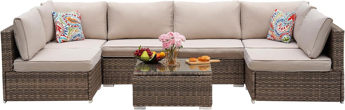 7 Pieces Patio Furniture Set - All-Weather Outdoor Wicker Sectional Conversation Sofa, Rattan Patio Seating Sofa Set with Cushion and Glass Table for Porch Poolside, Brown/Beige