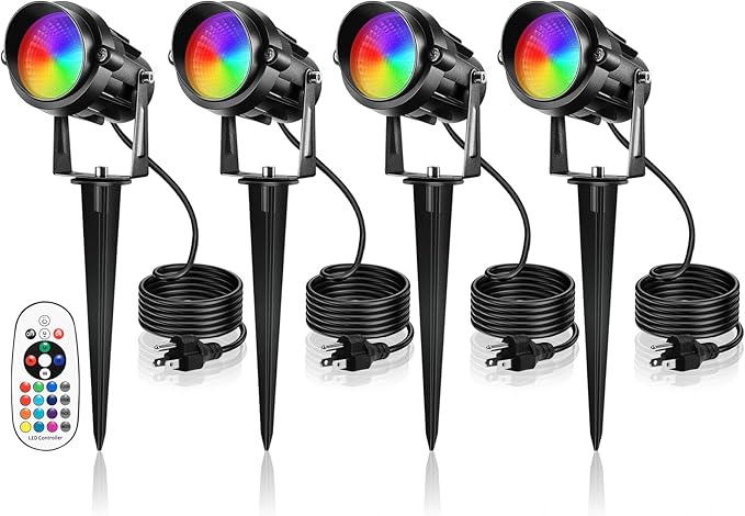 Christmas Spotlight Outdoor 12W RGBW LED Color Changing Landscape Lights with Remote Control 120V Waterproof Plug in Spot Lights outdoor Landscape Light for Tree Yard Garden Christmas, 4 Packs