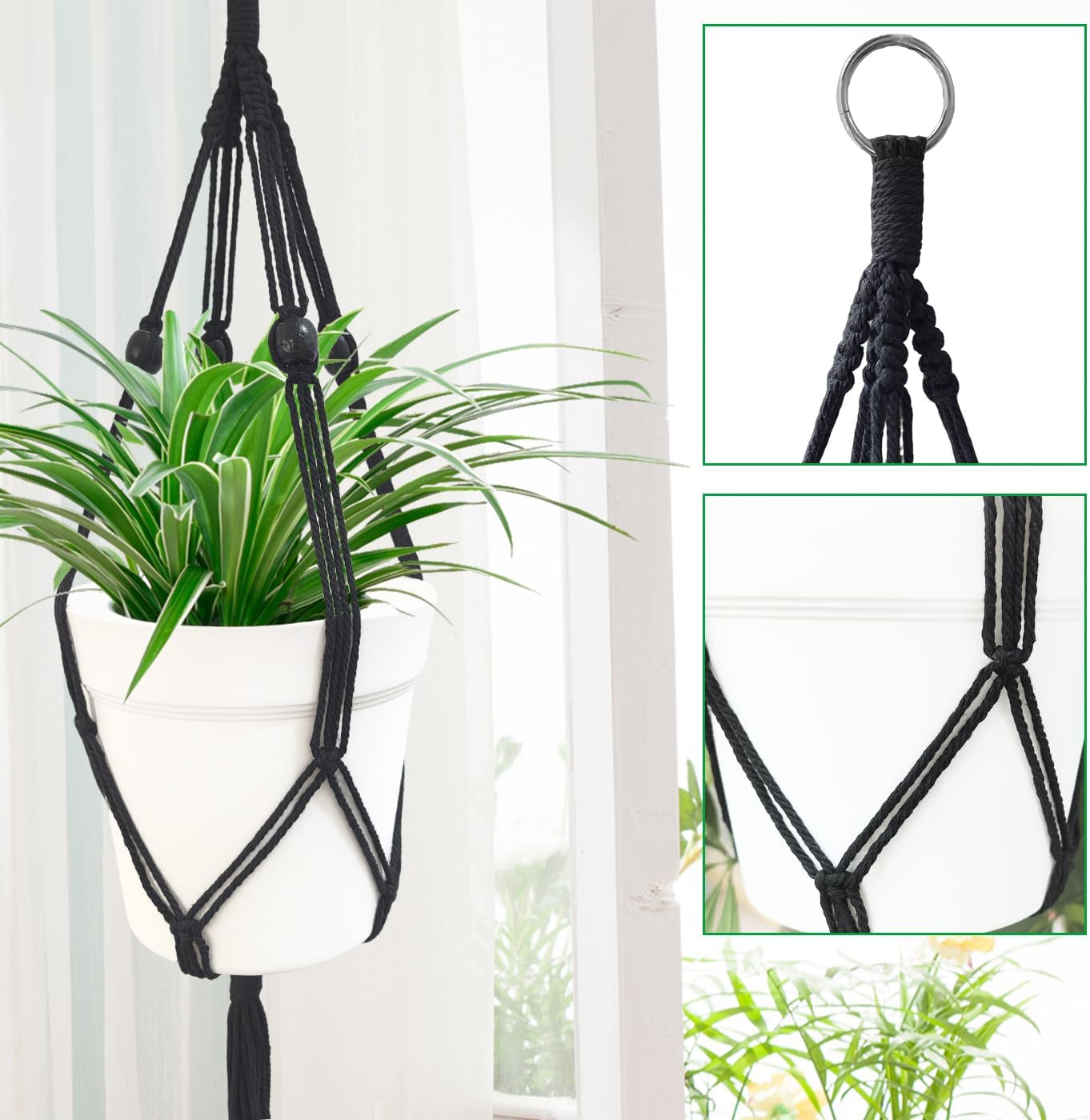 Belit 2 Pack Double Macrame Plant Hangers 2 Tier Hanging Planter Basket Decorative Flower Pot Holder Rope for Indoor Outdoor Home Decor 51 Inch, Black