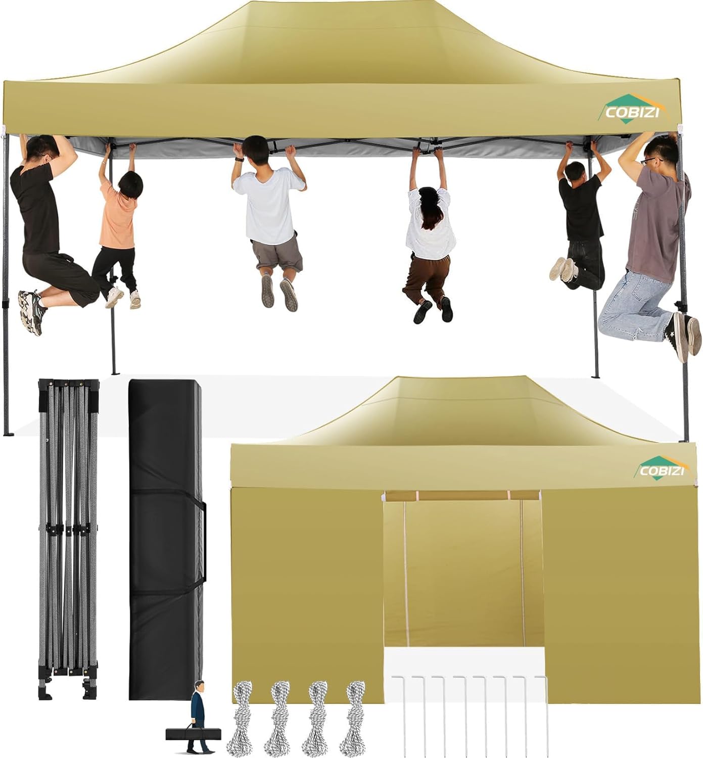 COBIZI 10x15 Pop Up Canopy with 4 Sidewall,Heavy Duty Canopy UPF 50+ All Season Wind Waterproof Commercial Outdoor Wedding Party Tents for Parties Gazebo with Carry Bag(10 x 15 ft Khaki)