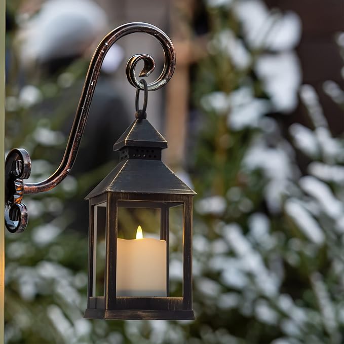 Vintage Golden Brushed Black Lantern Decorative LED Flickering Flameless Candle with Timer, Battery Powered LED Decorative Hanging Lanterns for Indoor Outdoor Garden Yard Home Decor(4 Pack)