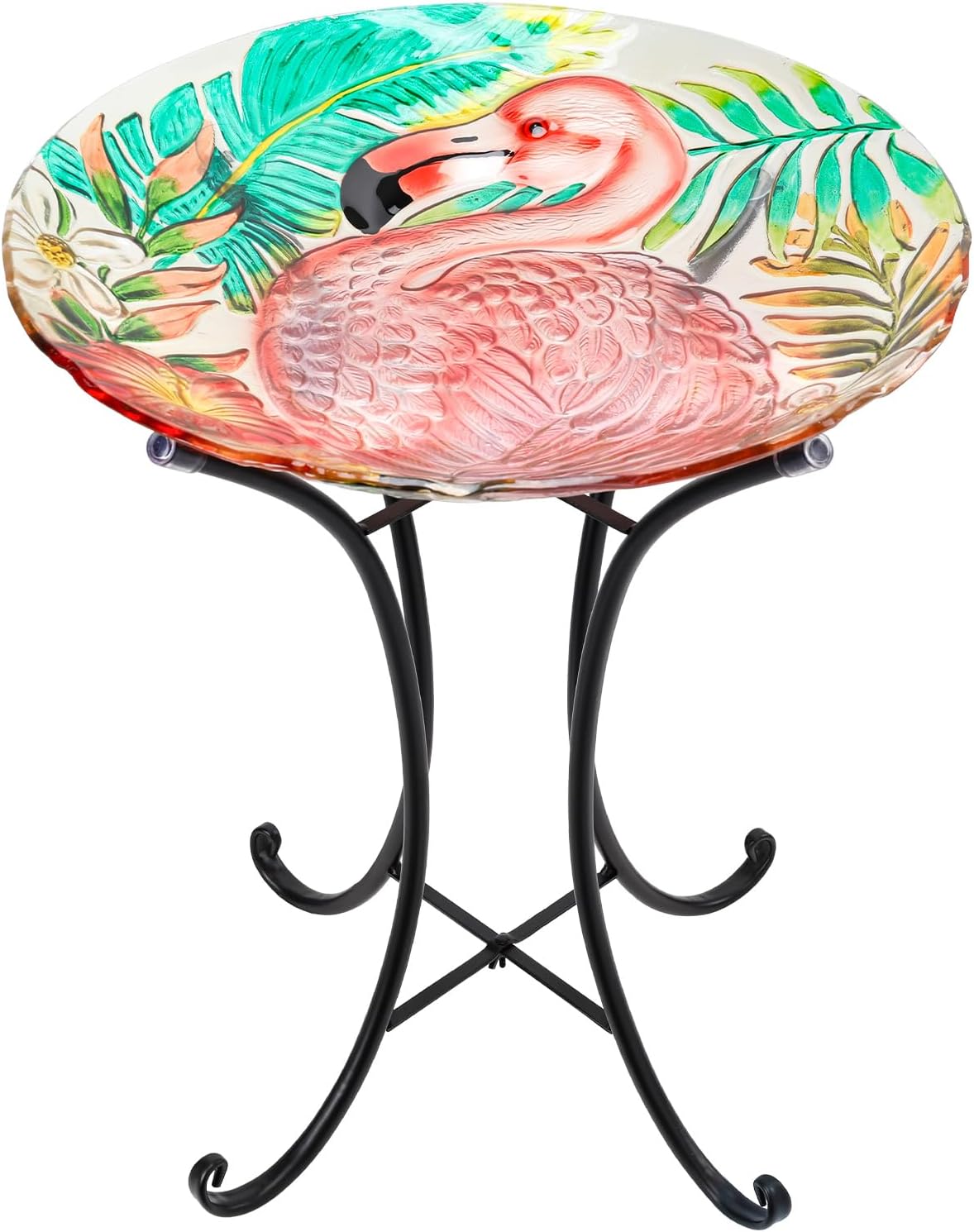 VCUTEKA 18" Outdoor Glass Birdbath with Sturdy Metal Stand for Lawn, Yard, or Garden Decor Bird Lovers Gift, Flamingo Bird Bath Detachable, 22" Height