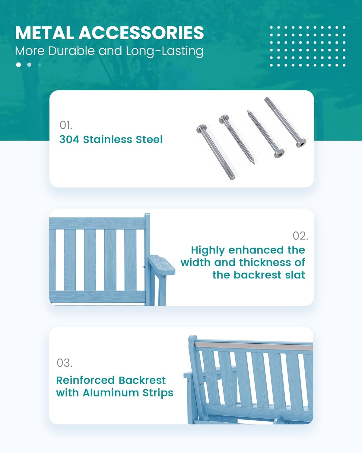 SERWALL Outdoor Bench, HDPE Outdoor Benches Weatherproof, 2-Person Garden Bench with 660 lbs Weight Capacity, Patio Benches for Outdoors, Garden, Porch, Backyard and Park, Light Blue, 4 Pack