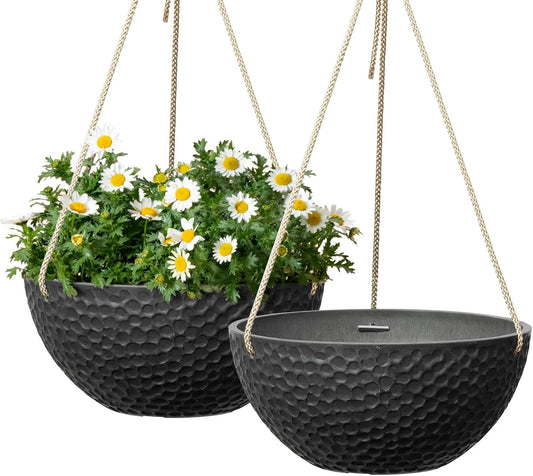 LA JOLIE MUSE Hanging Planters for Indoor Plants, Medium Hanging Planters with Drain Holes, Outdoor Hanging Flower Pots, Matte Black, Honeycomb (10 Inch, Set of 2)