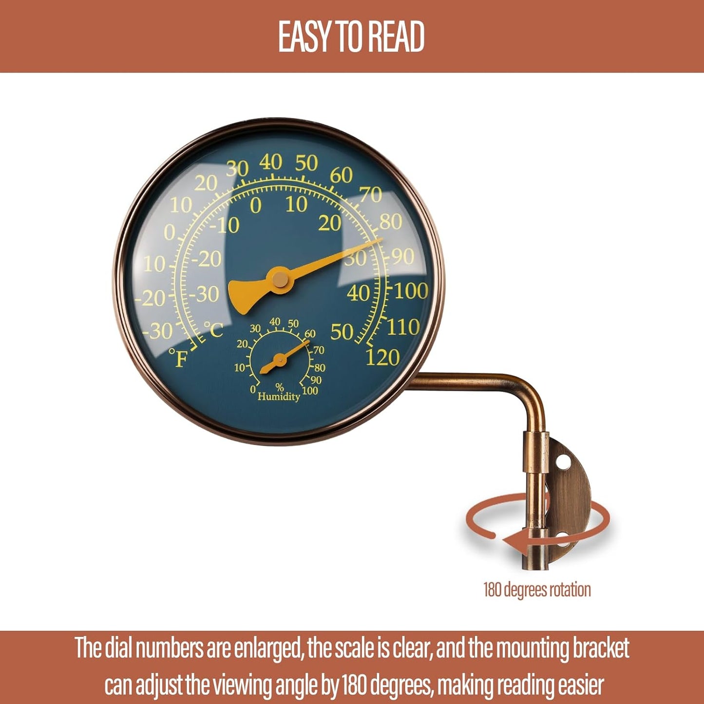 4 Inch Brass Outdoor Thermometer - Analog Temperature Gauge for Patio, Greenhouse and Garage