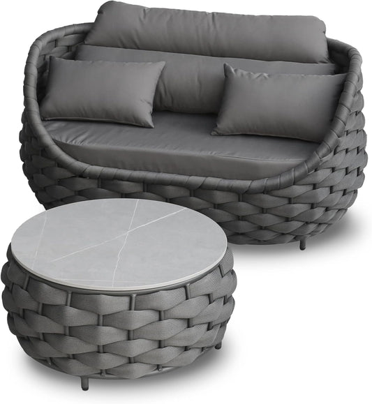 Patio Loveseat with Table: Aluminum Hand Woven Rope 2 Piece Patio Furniture Set - Cushioned Outdoor Seating Set - Modern Metal Lounge Set Assembled for Porch Balcony Deck Garden Hotel, Dark Grey
