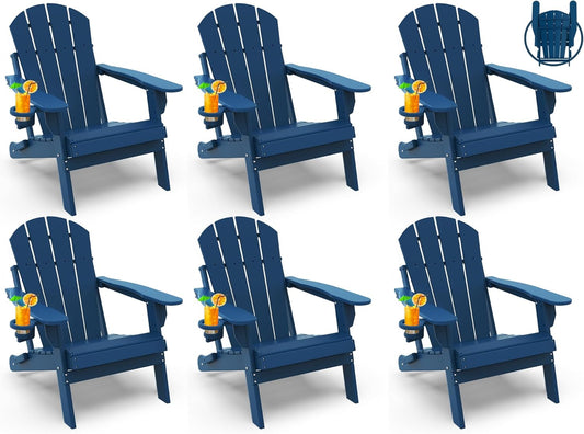 GREENVINES Folding-Adirondack-Chairs-Set-of-6 | HDPE Plastic | Fire Pit Chair | All Weather | Cup Holder | Blue | for Deck Backyard Patio Outdoor Garden