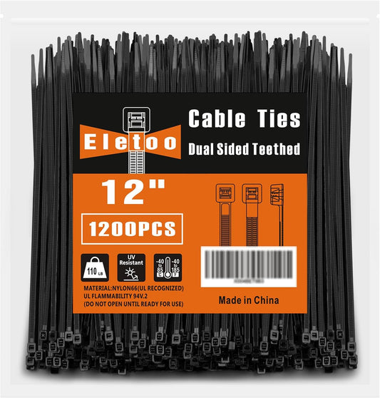 12 Inch Black Zip Ties (1200 Pack), 2025 New Patented Design,110 LBS Tensile Strength, Self-Locking Nylon PA66 UV Resistant Cable Ties for Indoor and Outdoor Use
