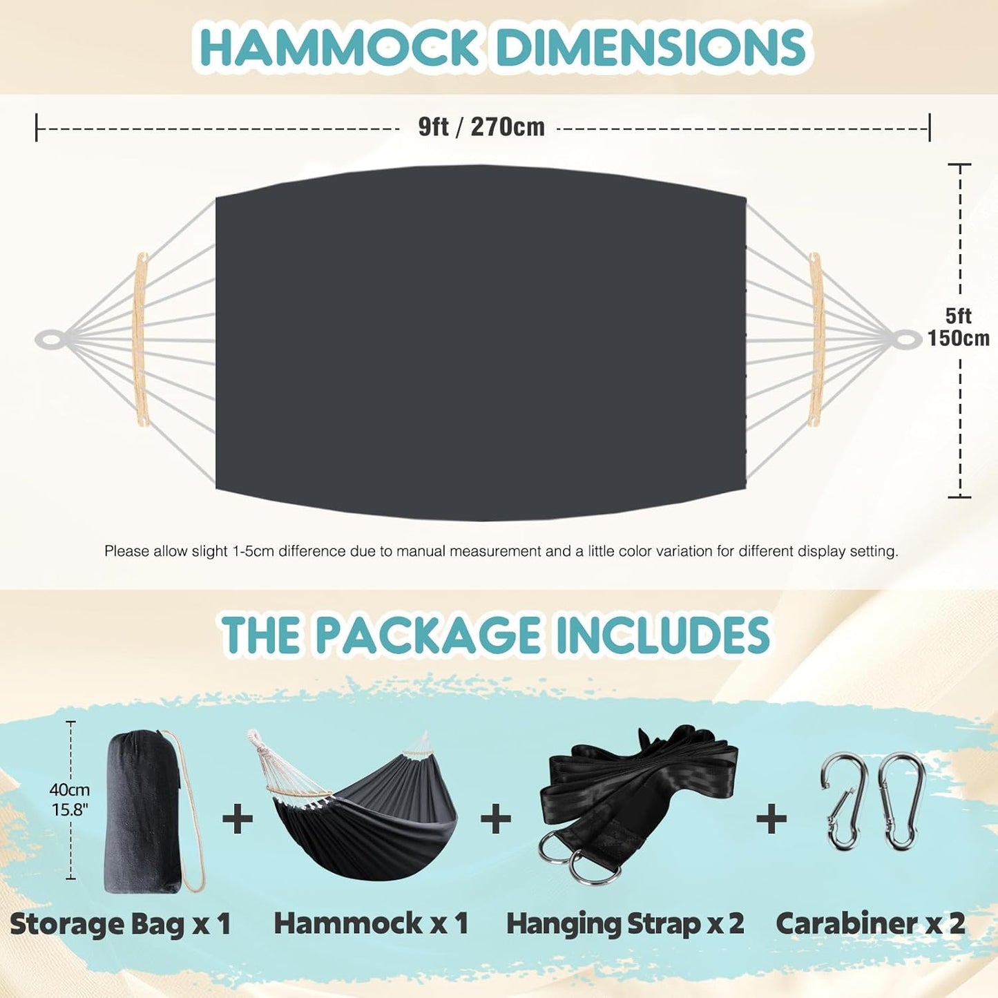 Anyoo Garden Cotton Hammock Comfortable Fabric Hammock with Spreader Bar Sturdy Hammocks Up to 450lbs Portable Lightweight Hammocks with Travel Bag for Camping Outdoor/Indoor Patio Backyard