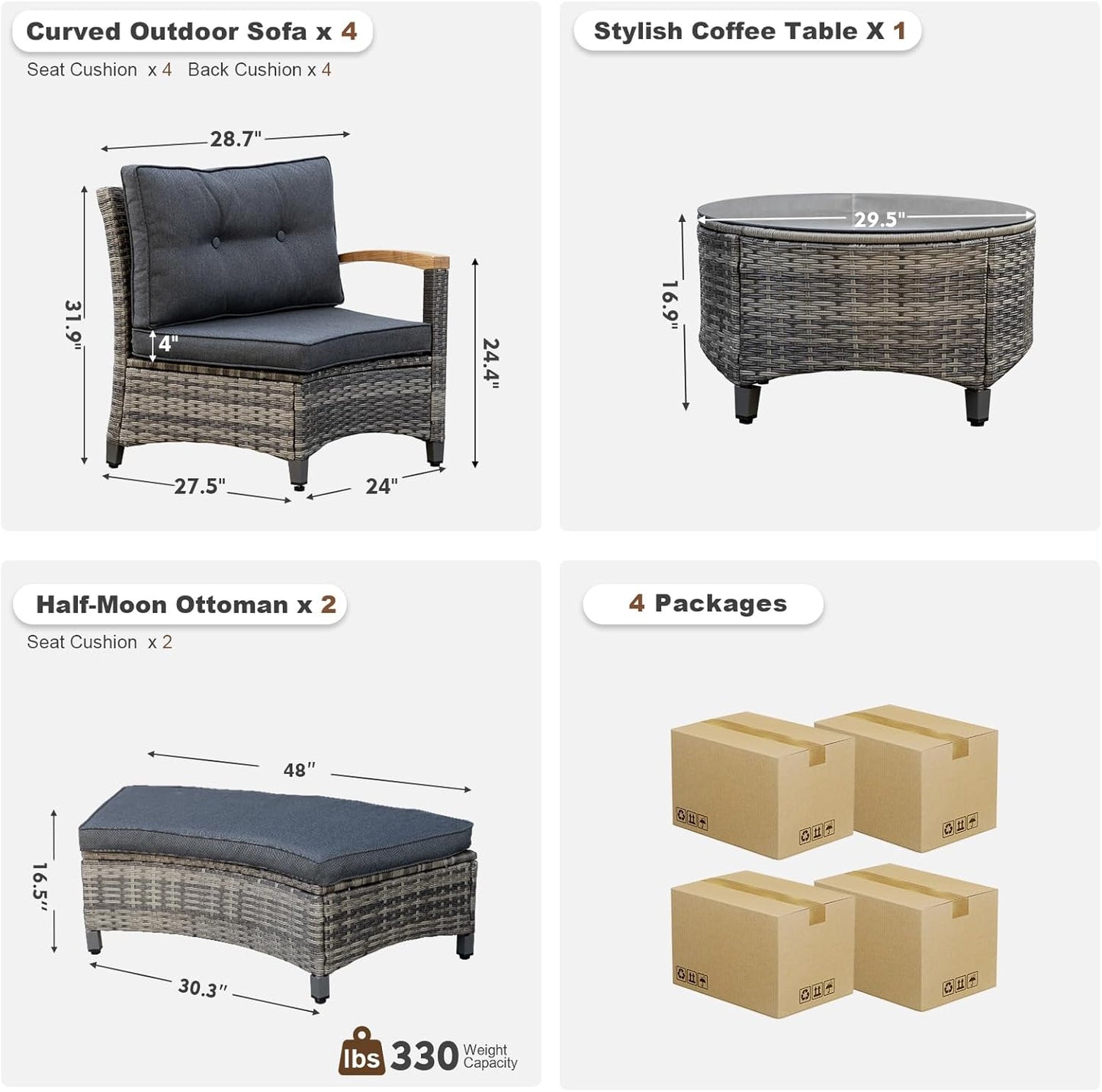 8 Piece Outdoor Patio Furniture Set, Half-Moon Curved Sectional Set with Wood Armrests, 2 Half-Moon Ottomans, Round Table (Grey)